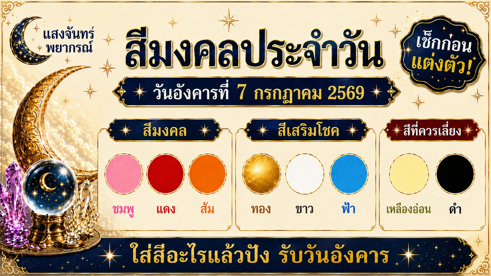 สีมงคลประจำวันอังคารที่ 7 กรกฎาคม 2569