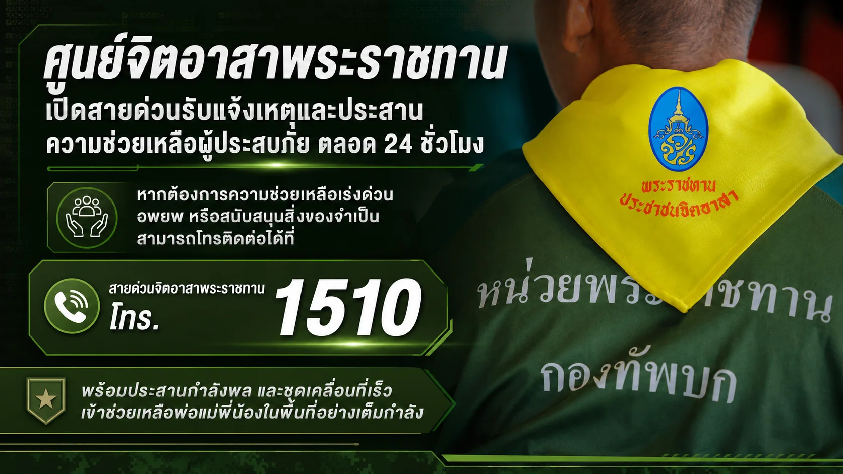 ศูนย์จิตอาสาพระราชทาน เปิดสายด่วน 1510 ช่วยผู้ประสบภัยตลอด 24 ชม.