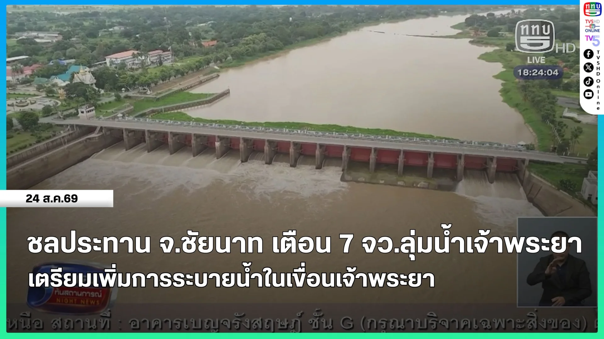 ชลประทาน จ.ชัยนาท เตือน 7 จังหวัดลุ่มน้ำเจ้าพระยา เตรียมเพิ่มการระบายน้ำในเขื่อนเจ้าพระยา