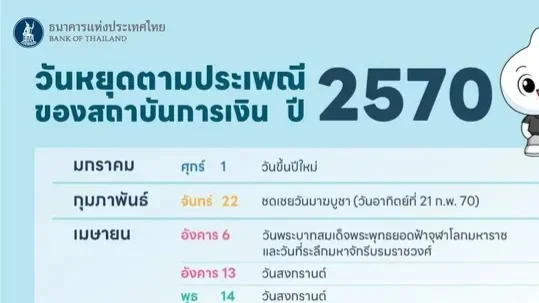 เช็กเลย! วันหยุดธนาคาร ปี 2570 ธปท. เคาะวันหยุดตามประเพณีและวันหยุดชดเชย