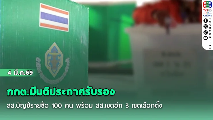 กกต.มีมติประกาศรับรอง สส.บัญชีรายชื่อ 100 คน พร้อม สส.เขตอีก 3 เขตเลือกตั้ง