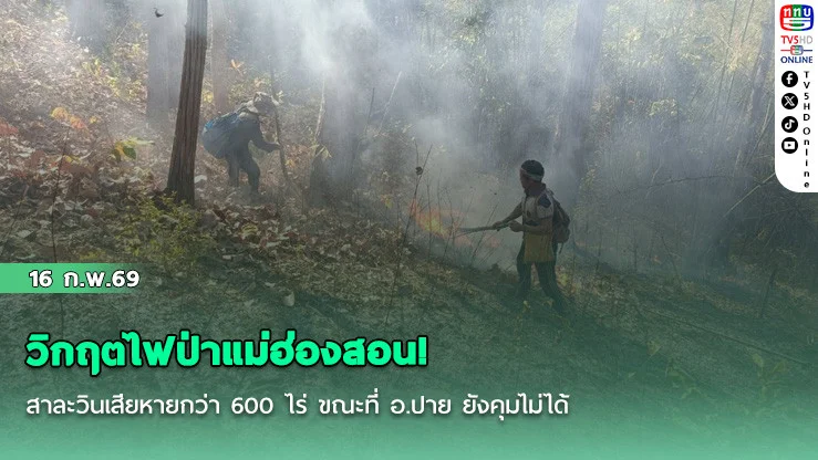 วิกฤตไฟป่าแม่ฮ่องสอน! สาละวินเสียหายกว่า 600 ไร่ ขณะที่ อ.ปาย ยังคุมไม่ได้