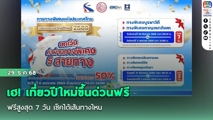 เฮ! เที่ยวปีใหม่ขึ้นด่วนฟรี ฟรีสูงสุด 7 วัน เช็คได้เส้นทางไหน
