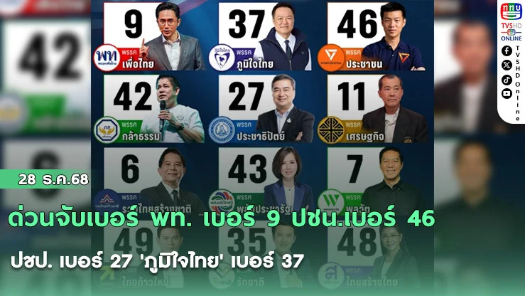 ด่วนจับเบอร์ พท. เบอร์ 9 ปชน.เบอร์ 46 ปชป. เบอร์ 27 'ภูมิใจไทย' เบอร์ 37