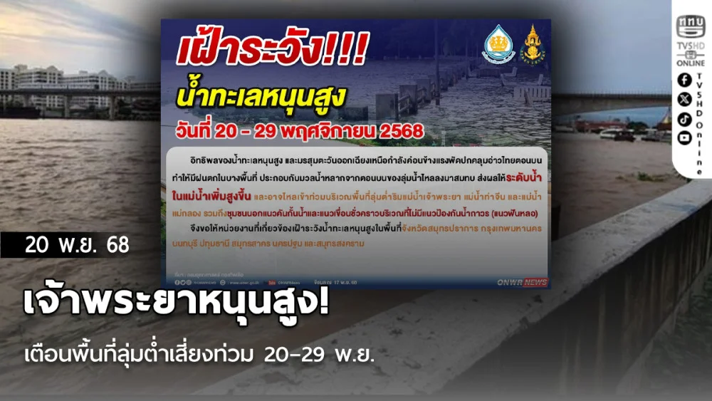 เจ้าพระยาหนุนสูง! เตือนพื้นที่ลุ่มต่ําเสี่ยงท่วม 20–29 พ.ย.