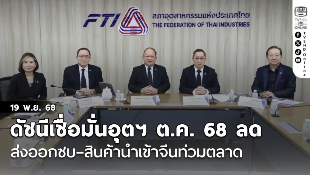 ดัชนีเชื่อมั่นอุตสาหกรรม ต.ค. 68 ลด ส่งออกซบ–สินค้านําเข้าจีนท่วมตลาด