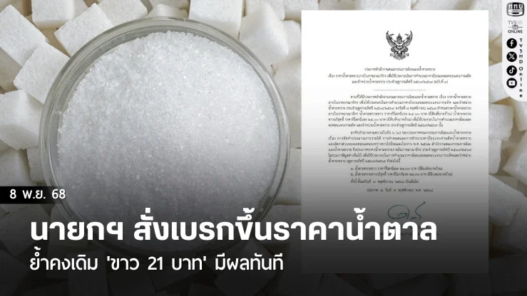 นายกฯ สั่งเบรกขึ้นราคาน้ําตาล ย้ําคงเดิม 'ขาว 21 บาท' มีผลทันที