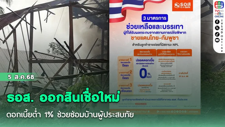 ธอส. ออกสินเชื่อใหม่ดอกเบี้ยต่ํา 1% ช่วยซ่อมบ้านผู้ประสบภัย