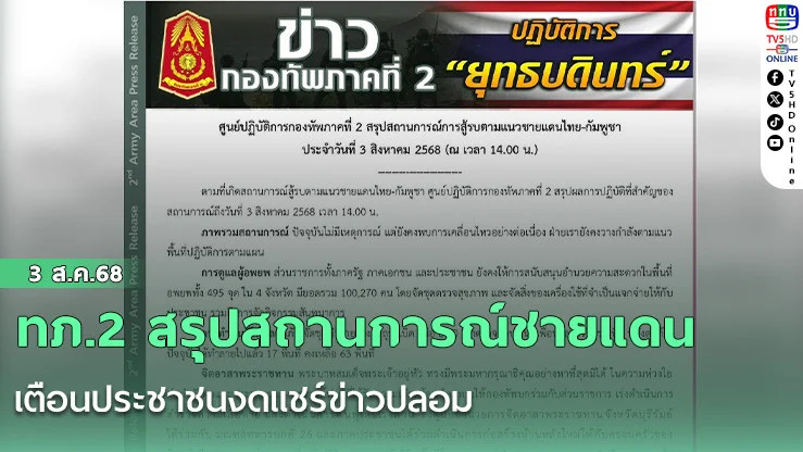 ทภ.2 สรุปสถานการณ์ชายแดน เตือนประชาชนงดแชร์ข่าวปลอม
