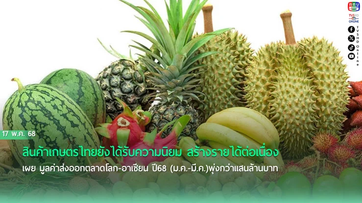 สินค้าเกษตรไทยยังได้รับความนิยม สร้างรายได้ต่อเนื่อง เผย มูลค่าส่งออกตลาดโลก -อาเซียน ปี68 (ม.ค.-มี.ค.)พุ่งกว่าแสนล้านบาท 