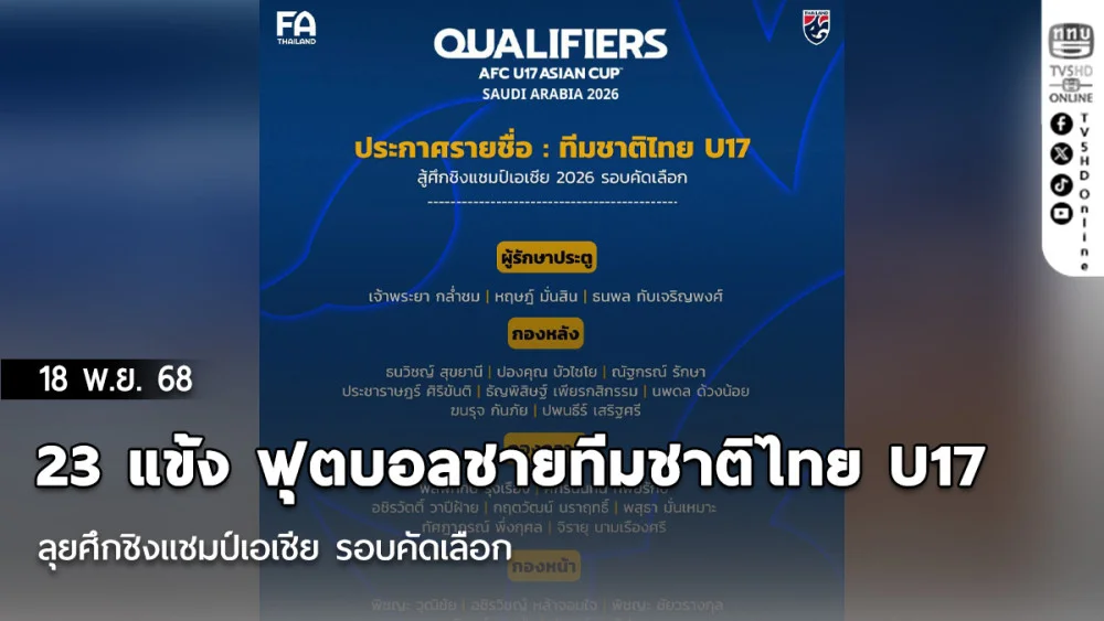 ประกาศ : รายชื่อ 23 แข้ง ฟุตบอลชายทีมชาติไทย U17 ลุยศึกชิงแชมป์เอเชีย รอบคัดเลือก