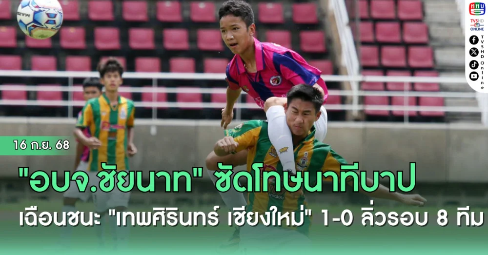 "อบจ.ชัยนาท" ซัดโทษนาทีบาป เฉือนชนะ "เทพศิรินทร์ เชียงใหม่" 1-0 ลิ่วรอบ 8 ทีม ฟุตบอลนักเรียน 16 ปี ก.