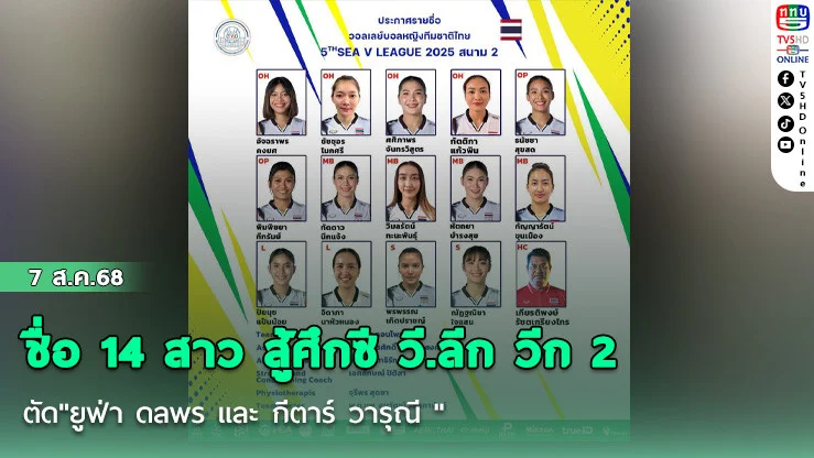 ประกาศรายชื่อ 14 สาว สู้ศึกซี วี.ลีก วีก 2 ตัด"ยูฟ่า ดลพร และ กีตาร์ วารุณี "