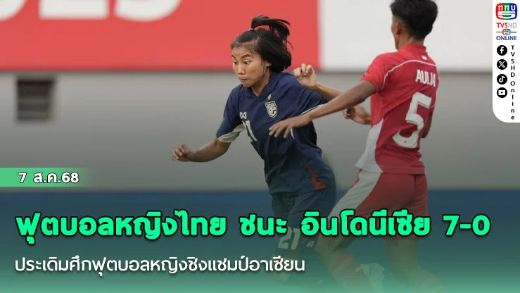 ฟุตบอลหญิงไทย ชนะ อินโดนีเซีย 7-0 ประเดิมศึกฟุตบอลหญิงชิงแชมป์อาเซียน