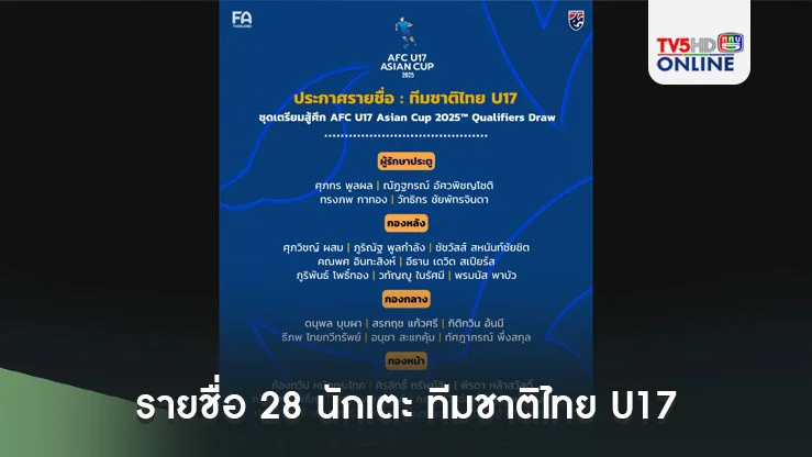 ประกาศ : รายชื่อ 28 นักเตะ ทีมชาติไทย U17 เก็บตัวรอบสองที่ นครราชสีมา สำหรับเตรียมทำศึกชิงแชมป์เอเชีย รอบคัดเลือก