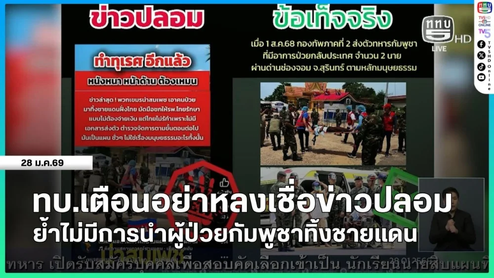 กองทัพบกเตือนอย่าหลงเชื่อข่าวปลอม ย้ําไม่มีการนําผู้ป่วยกัมพูชาทิ้งชายแดน