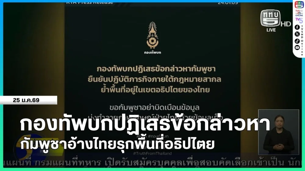 กองทัพบกปฏิเสธข้อกล่าวหากัมพูชาอ้างไทยรุกพื้นที่อธิปไตย
