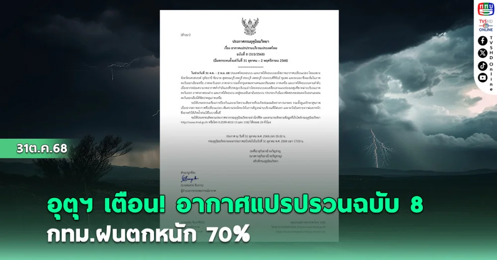 อุตุฯ ประกาศเตือน!ฉบับ 8 อากาศแปรปรวน กทม.ฝนตกหนัก 70%
