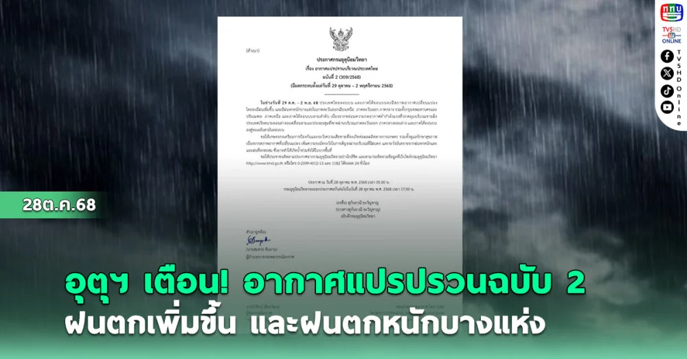 อุตุฯ เตือนอากาศแปรปรวนฉบับ 2 ฝนเพิ่มขึ้น และมีฝนตกหนักบางแห่ง 