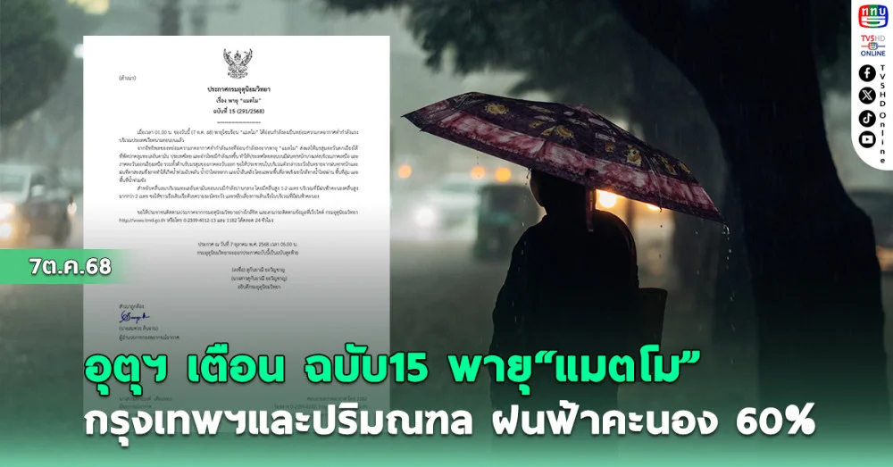  อุตุฯ ประกาศฉบับ 15 พายุ "แมตโม"  กรุงเทพฯ และปริมณฑล ฝนฟ้าคะนอง 60%