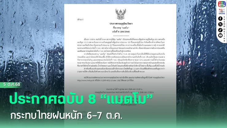 ประกาศฉบับ 8 “แมตโม” กระทบไทยฝนหนัก 6–7 ต.ค.