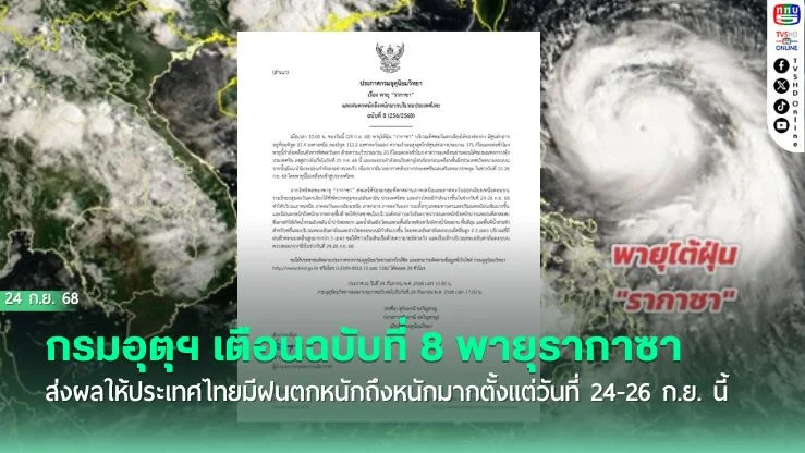 กรมอุตุฯ เตือนฉบับที่ 8 เรื่องพายุไต้ฝุ่น "รากาซา" คาดว่าจะส่งผลให้ประเทศไทยมีฝนตกหนักถึงหนักมากตั้งแต่วันที่ 24-26 ก.ย. นี้