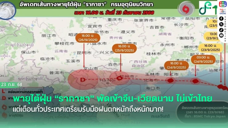 พายุไต้ฝุ่น “รากาซา” พัดเข้าจีน-เวียดนาม ไม่เข้าไทย แต่เตือนทั่วประเทศเตรียมรับมือฝนตกหนักถึงหนักมาก!