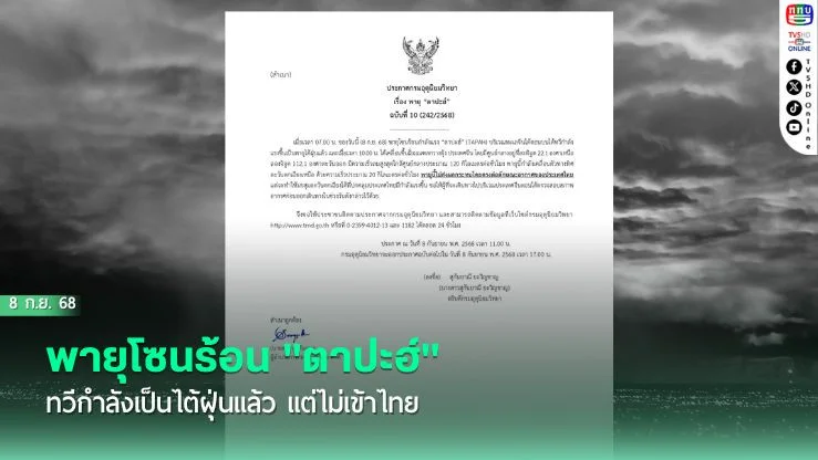 พายุโซนร้อน "ตาปะฮ์" ทวีกําลังเป็นไต้ฝุ่นแล้ว แต่ไม่เข้าไทย