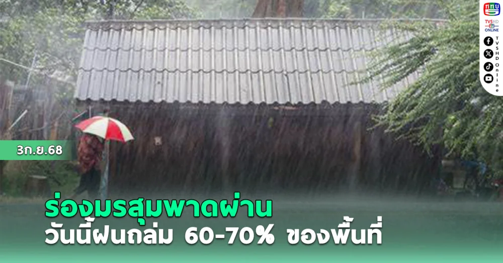 ร่องมรสุมพาดผ่าน วันนี้ฝนถล่ม 60-70%ของพื้นที่