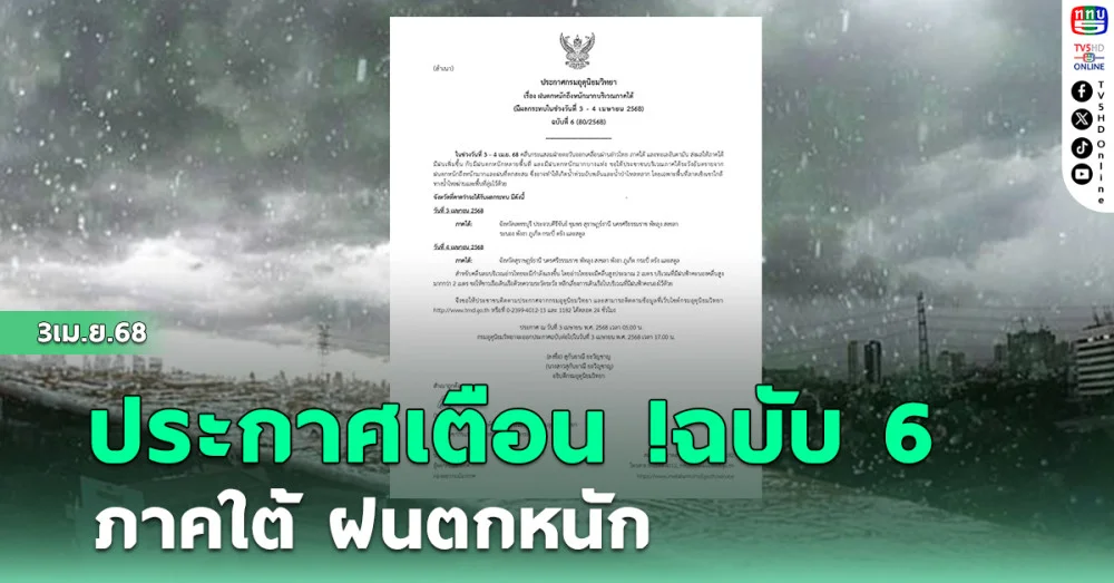 ประกาศเตือน !ฉบับ 6ภาคใต้ ฝนตกหนัก