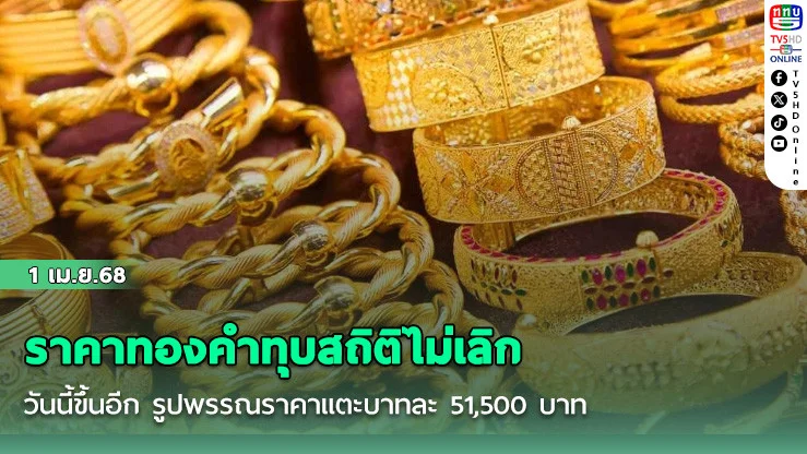 ราคาทองคำทุบสถิติไม่เลิก วันนี้ขึ้นอีก รูปพรรณราคาแตะบาทละ 51,500 บาท