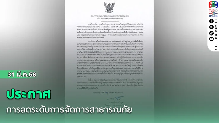 ประกาศกองบัญชาการป้องกันและบรรเทาสาธารณภัยแห่งชาติ เรื่อง การลดระดับการจัดการสาธารณภัย