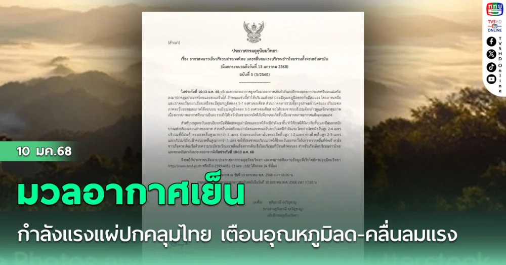 มวลอากาศเย็นกำลังแรงแผ่ปกคลุมไทย เตือนอุณหภูมิลด-คลื่นลมแรง