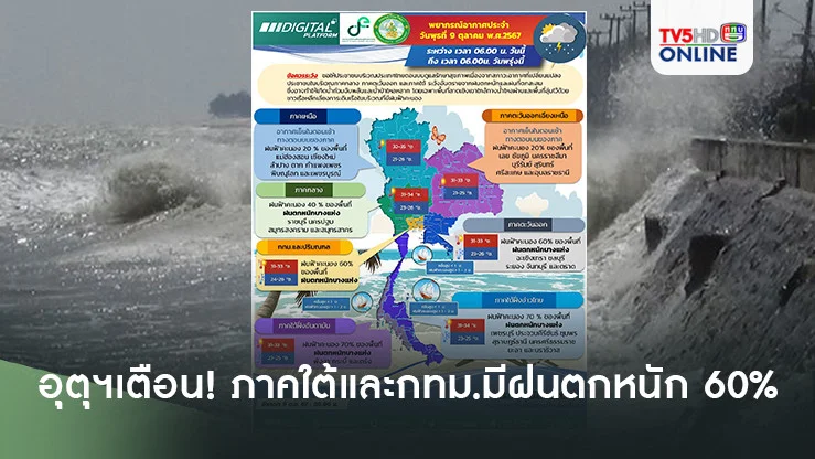 กรมอุตุฯเตือน  ภาคใต้และกทม.มีฝนตกหนัก 60%
