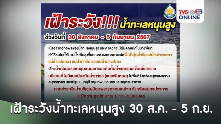 เฝ้าระวังน้ำทะเลหนุนสูง 30 ส.ค. - 5 ก.ย. เสี่ยงท่วมพื้นที่ลุ่มต่ำ