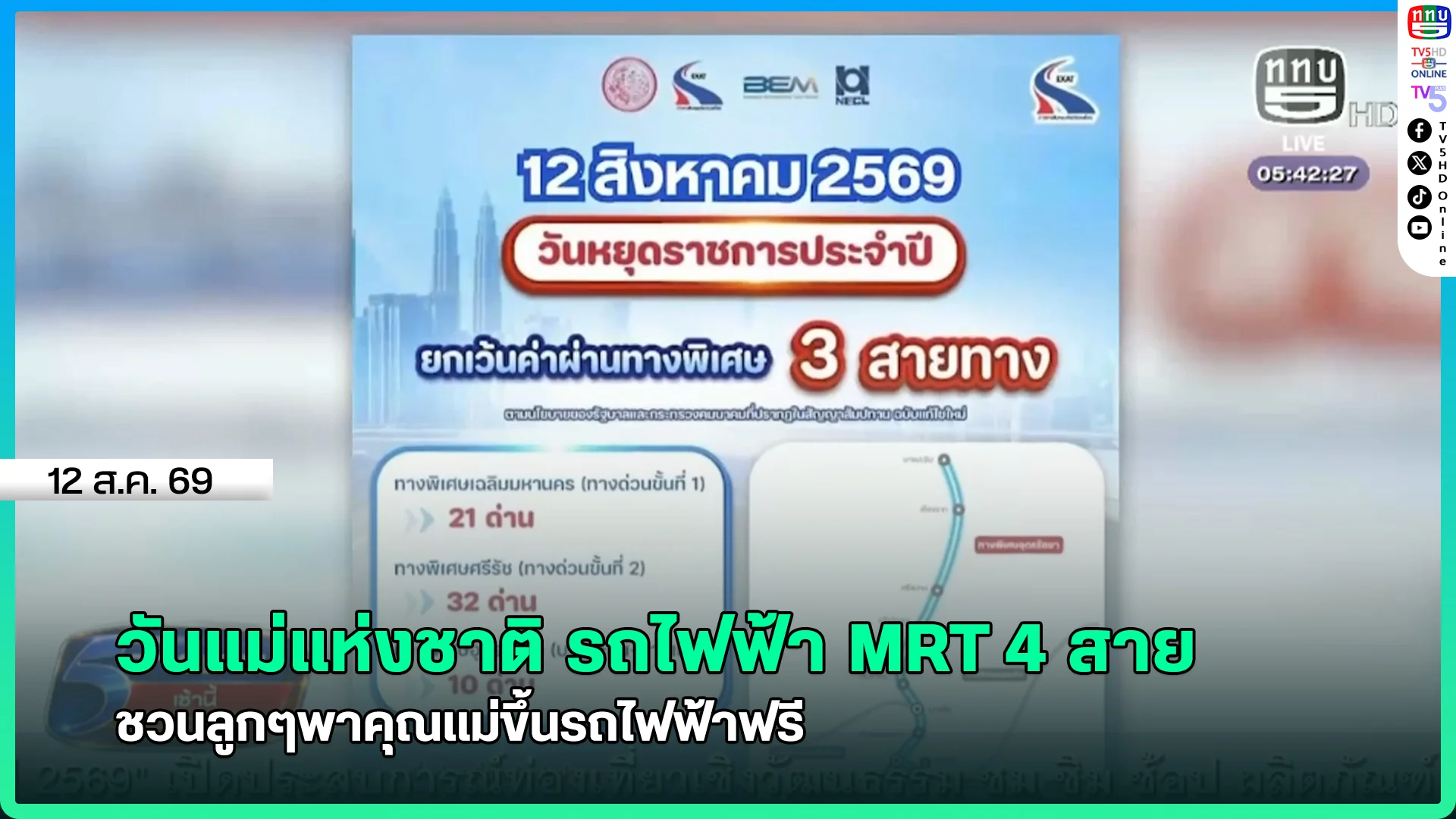 วันแม่แห่งชาติ รถไฟฟ้า MRT 4 สาย ชวนลูกๆพาคุณแม่ขึ้นรถไฟฟ้าฟรี